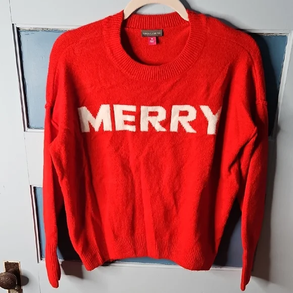 🤶🧑🏼🎄Vince Camuto Red "Merry" Holiday Sweater - Picture 1 of 8